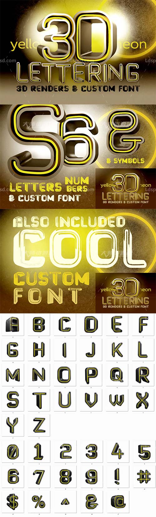 Yellow Neon - 3D Lettering + Font,极品3D立体英文字体(黄色霓虹灯效果)